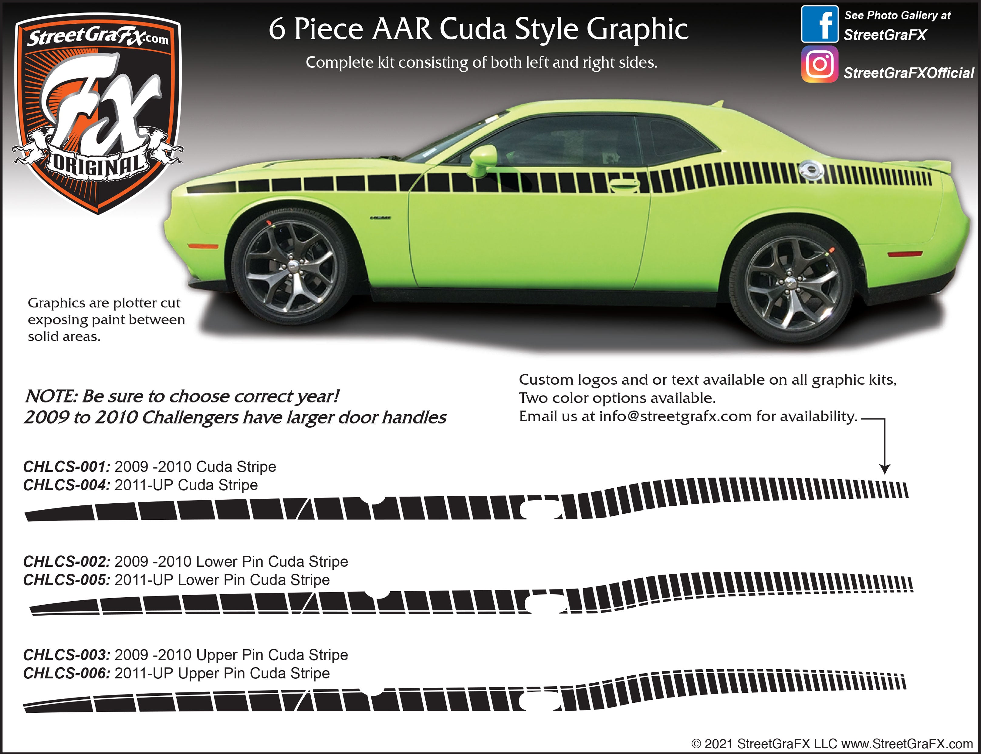 2009 - 2021 Dodge Challenger Cuda Stripe Complete Graphic Kit "Left & Right Sides"
