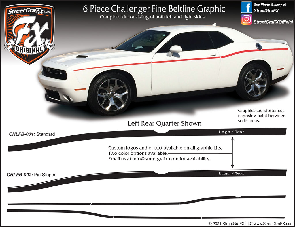 2009 - 2021 Dodge Challenger Fine Beltline Stripe Complete Graphic Kit "Left & Right Sides"