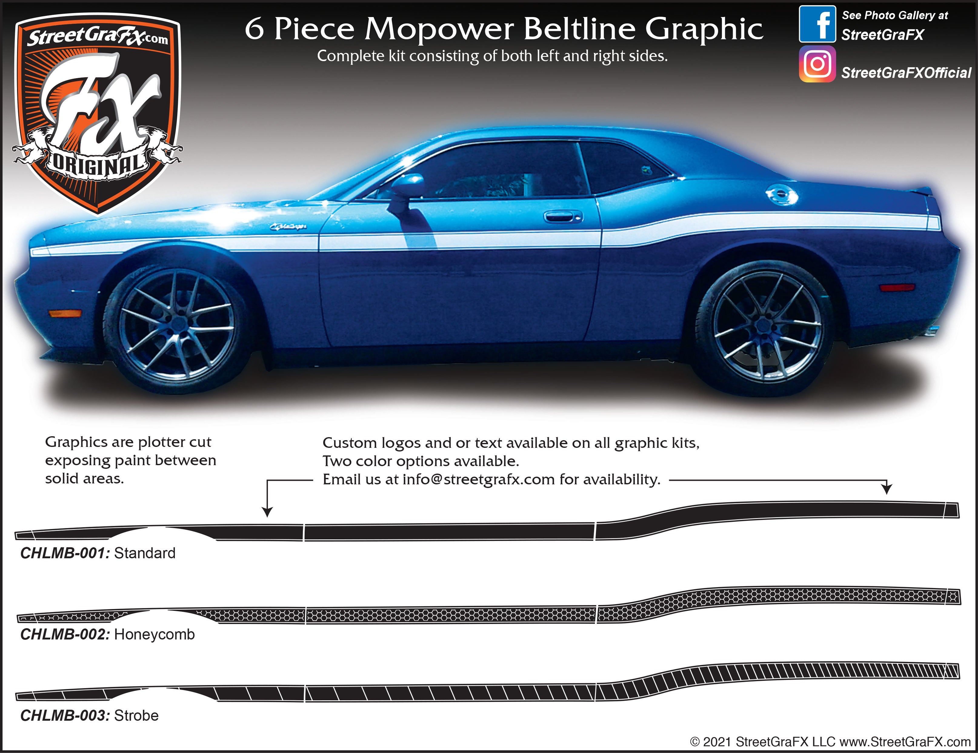 2009 - 2021 Dodge Challenger Mopower Beltline Stripe Complete Graphic Kit "Left & Right Sides"